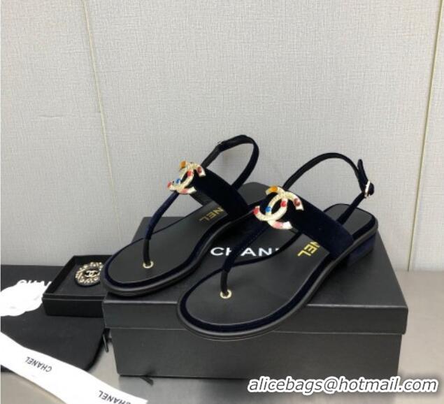 Low Price Chanel Velvet Flat Thong Sandals with Stone CC Navy Blue 525033