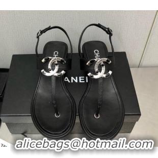 Most Popular Chanel Calfskin Flat Thong Sandals with Stone CC Black 525034