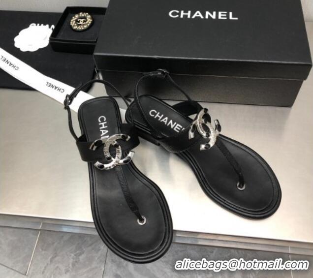 Most Popular Chanel Calfskin Flat Thong Sandals with Stone CC Black 525034