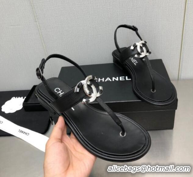 Most Popular Chanel Calfskin Flat Thong Sandals with Stone CC Black 525034