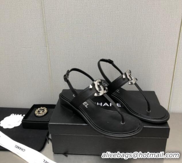 Most Popular Chanel Calfskin Flat Thong Sandals with Stone CC Black 525034