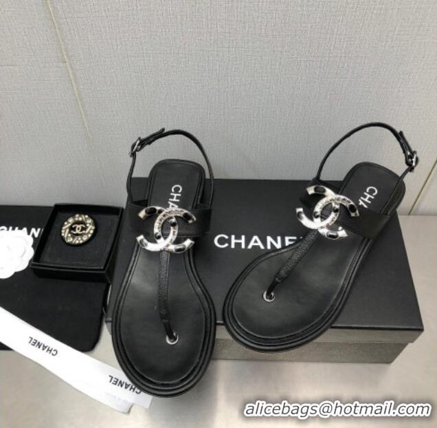 Most Popular Chanel Calfskin Flat Thong Sandals with Stone CC Black 525034