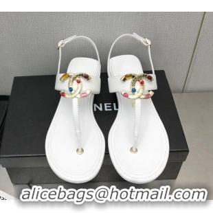 Best Price Chanel Lambskin Flat Thong Sandals with Stone CC Optic White 525035