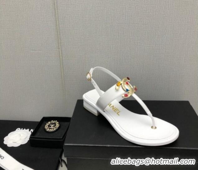 Best Price Chanel Lambskin Flat Thong Sandals with Stone CC Optic White 525035