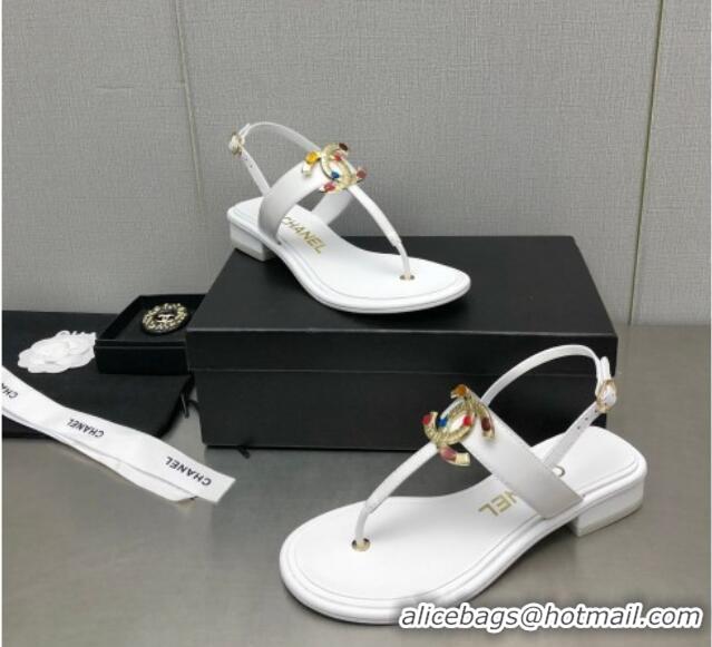 Best Price Chanel Lambskin Flat Thong Sandals with Stone CC Optic White 525035