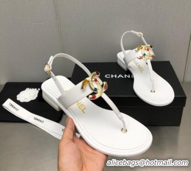 Best Price Chanel Lambskin Flat Thong Sandals with Stone CC Optic White 525035