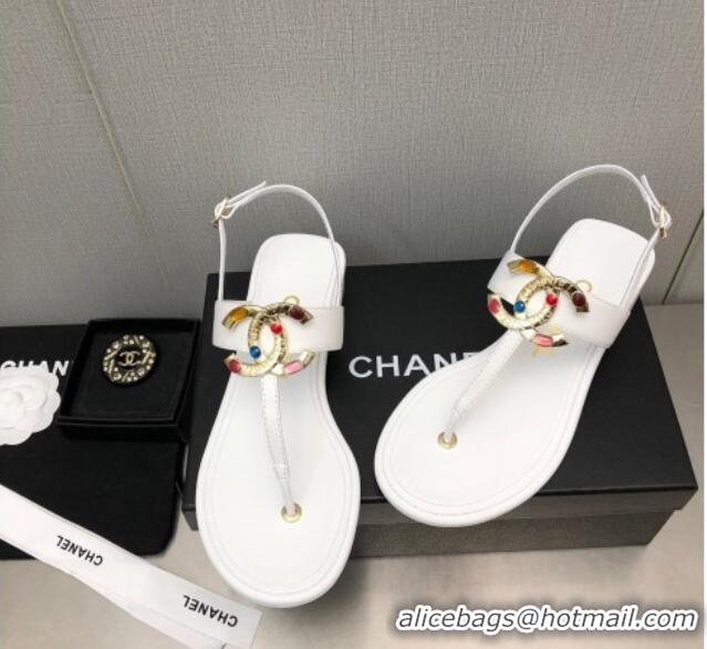 Best Price Chanel Lambskin Flat Thong Sandals with Stone CC Optic White 525035