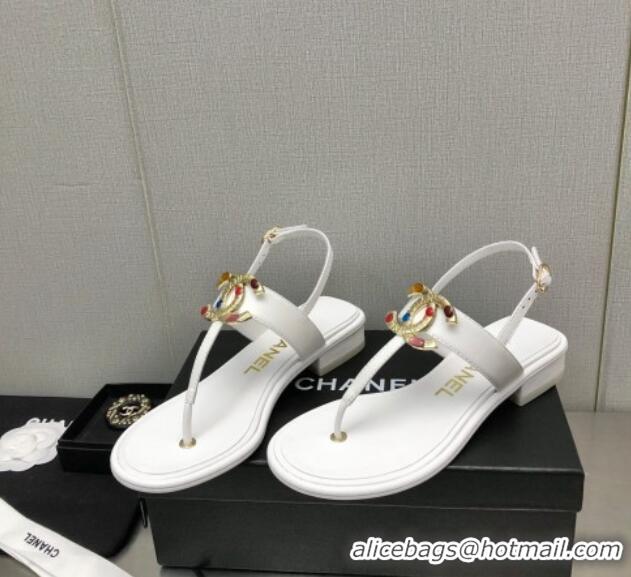 Best Price Chanel Lambskin Flat Thong Sandals with Stone CC Optic White 525035