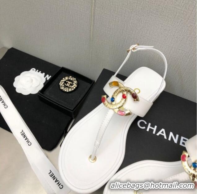 Best Price Chanel Lambskin Flat Thong Sandals with Stone CC Optic White 525035