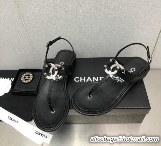 Pretty Style Chanel Lambskin Flat Thong Sandals with Stone CC Black 525036