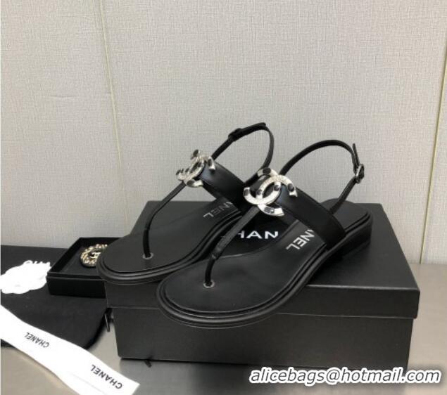 Pretty Style Chanel Lambskin Flat Thong Sandals with Stone CC Black 525036