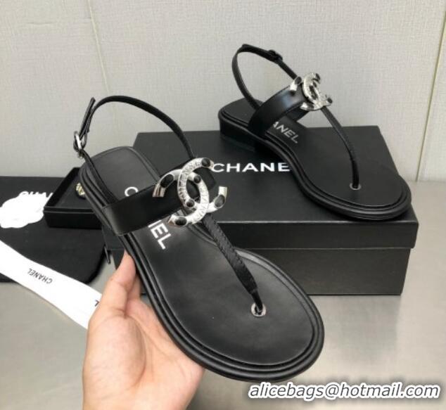 Pretty Style Chanel Lambskin Flat Thong Sandals with Stone CC Black 525036