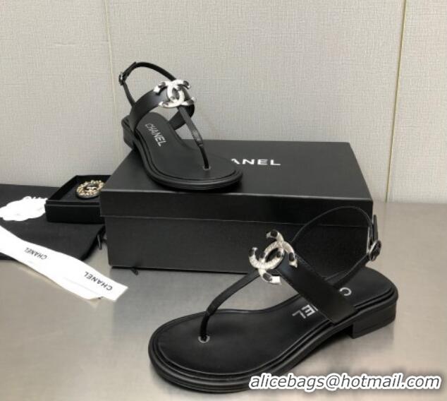 Pretty Style Chanel Lambskin Flat Thong Sandals with Stone CC Black 525036