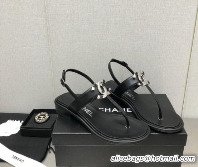 Pretty Style Chanel Lambskin Flat Thong Sandals with Stone CC Black 525036