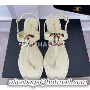 Grade Quality Chanel Calfskin Flat Thong Sandals with Stone CC Cream White 525037