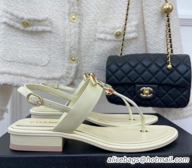 Grade Quality Chanel Calfskin Flat Thong Sandals with Stone CC Cream White 525037