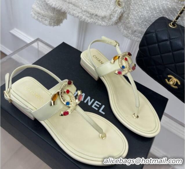 Grade Quality Chanel Calfskin Flat Thong Sandals with Stone CC Cream White 525037