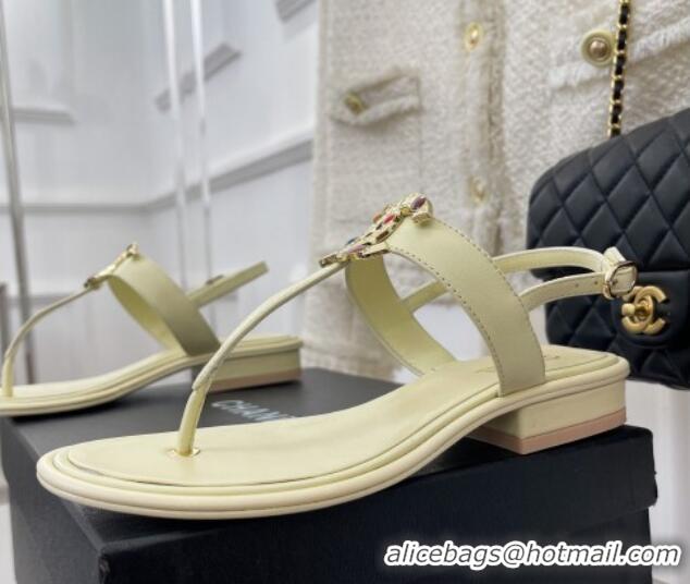 Grade Quality Chanel Calfskin Flat Thong Sandals with Stone CC Cream White 525037