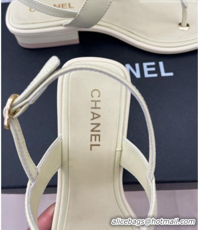 Grade Quality Chanel Calfskin Flat Thong Sandals with Stone CC Cream White 525037