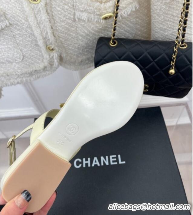 Grade Quality Chanel Calfskin Flat Thong Sandals with Stone CC Cream White 525037