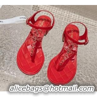 Low Cost Chanel Lambskin Heel Thong Sandals 5cm with Chain CC Red 525038