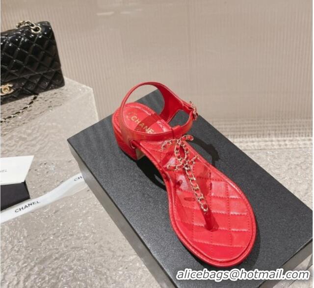 Low Cost Chanel Lambskin Heel Thong Sandals 5cm with Chain CC Red 525038