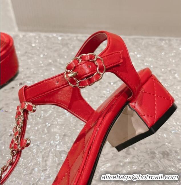 Low Cost Chanel Lambskin Heel Thong Sandals 5cm with Chain CC Red 525038