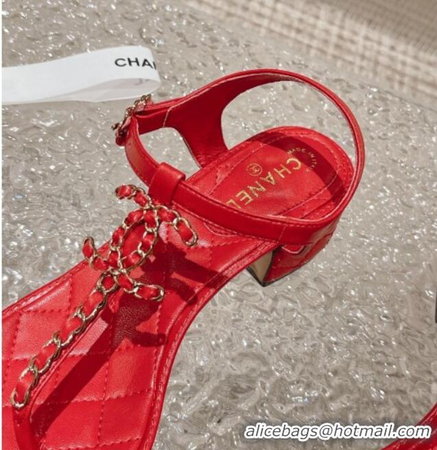 Low Cost Chanel Lambskin Heel Thong Sandals 5cm with Chain CC Red 525038