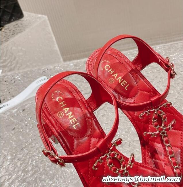 Low Cost Chanel Lambskin Heel Thong Sandals 5cm with Chain CC Red 525038