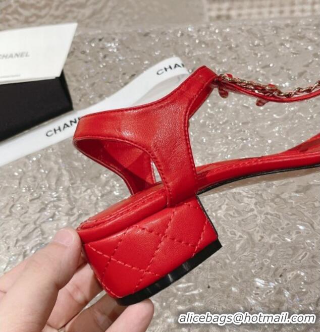 Low Cost Chanel Lambskin Heel Thong Sandals 5cm with Chain CC Red 525038