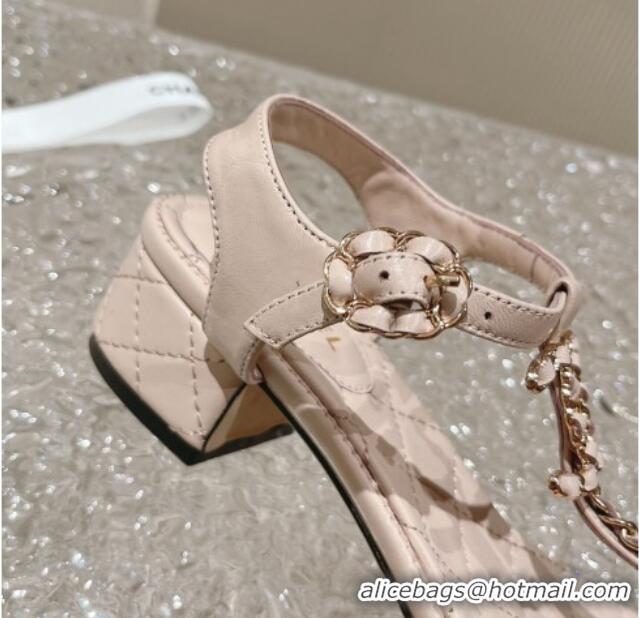 Top Grade Chanel Lambskin Heel Thong Sandals 5cm with Chain CC Light Pink 525039