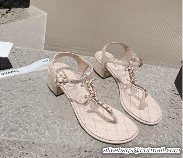 Top Grade Chanel Lambskin Heel Thong Sandals 5cm with Chain CC Light Pink 525039