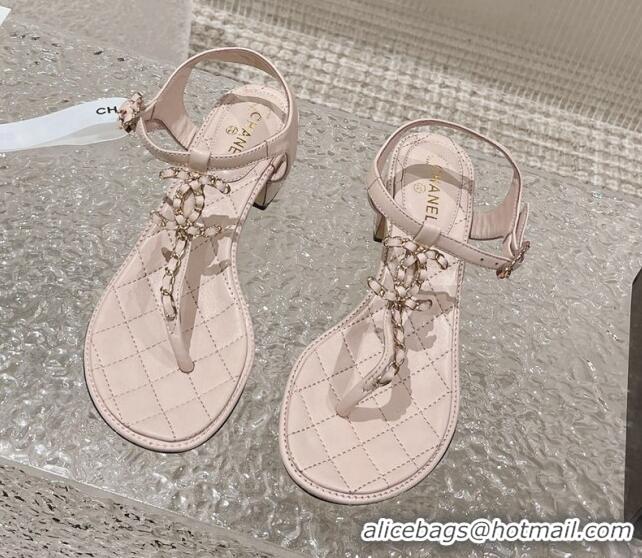 Top Grade Chanel Lambskin Heel Thong Sandals 5cm with Chain CC Light Pink 525039