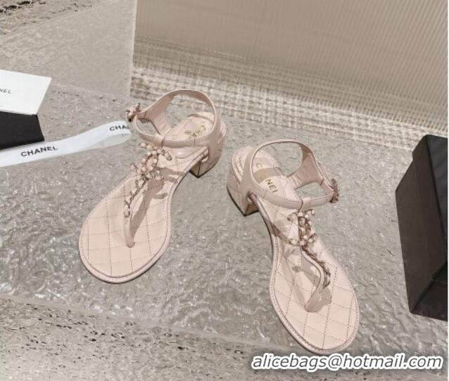 Top Grade Chanel Lambskin Heel Thong Sandals 5cm with Chain CC Light Pink 525039