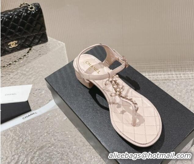 Top Grade Chanel Lambskin Heel Thong Sandals 5cm with Chain CC Light Pink 525039