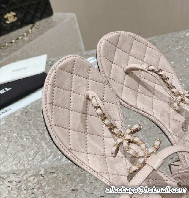 Top Grade Chanel Lambskin Heel Thong Sandals 5cm with Chain CC Light Pink 525039