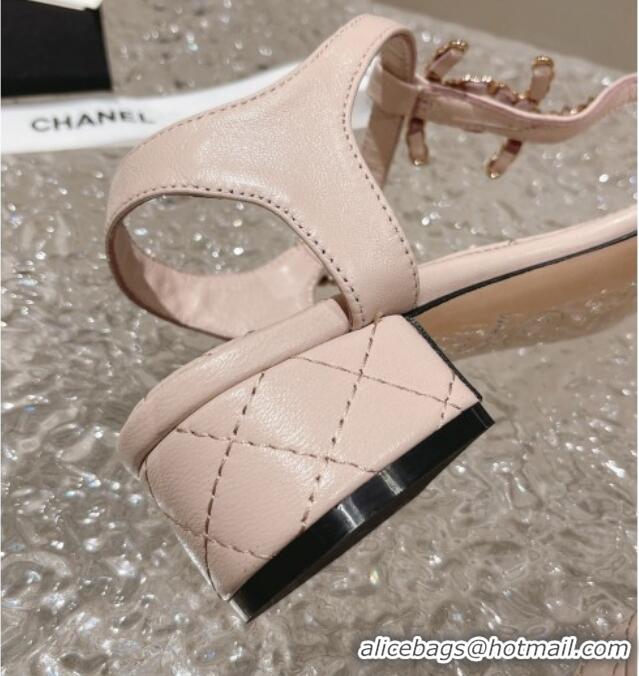 Top Grade Chanel Lambskin Heel Thong Sandals 5cm with Chain CC Light Pink 525039