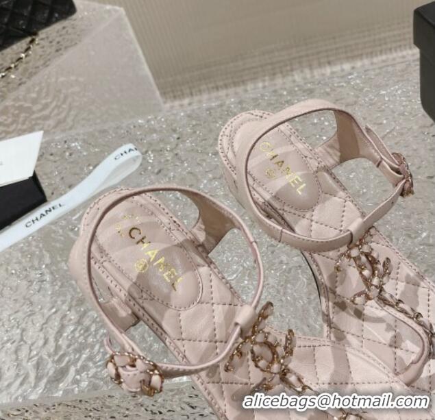 Top Grade Chanel Lambskin Heel Thong Sandals 5cm with Chain CC Light Pink 525039