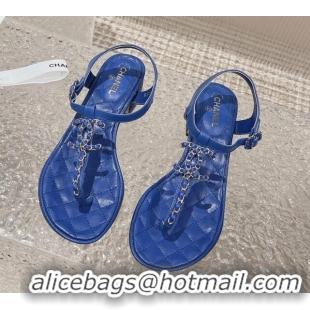 Best Price Chanel Lambskin Heel Thong Sandals 5cm with Chain CC Blue 525040