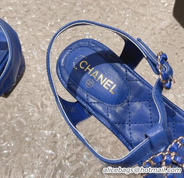 Best Price Chanel Lambskin Heel Thong Sandals 5cm with Chain CC Blue 525040