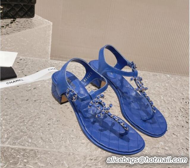 Best Price Chanel Lambskin Heel Thong Sandals 5cm with Chain CC Blue 525040