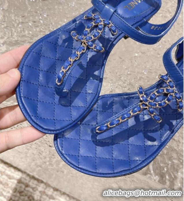 Best Price Chanel Lambskin Heel Thong Sandals 5cm with Chain CC Blue 525040