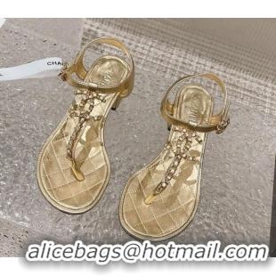 Good Quality Chanel Lambskin Heel Thong Sandals 5cm with Chain CC Gold 525041