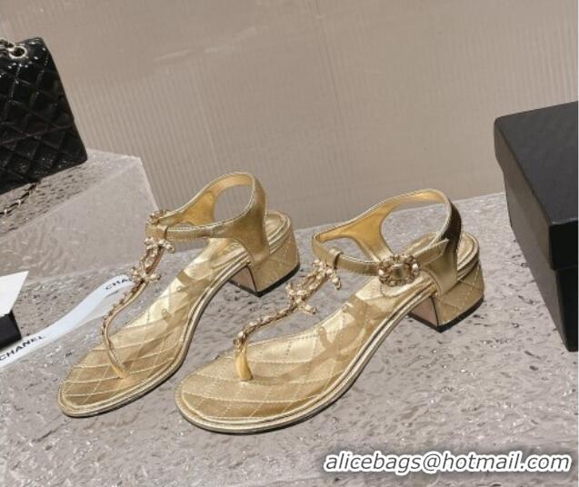 Good Quality Chanel Lambskin Heel Thong Sandals 5cm with Chain CC Gold 525041