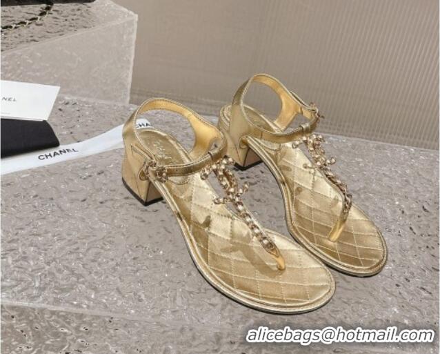 Good Quality Chanel Lambskin Heel Thong Sandals 5cm with Chain CC Gold 525041