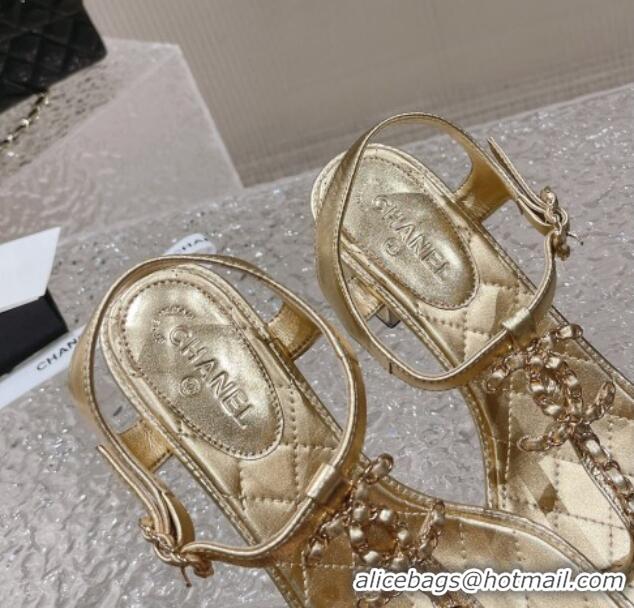 Good Quality Chanel Lambskin Heel Thong Sandals 5cm with Chain CC Gold 525041