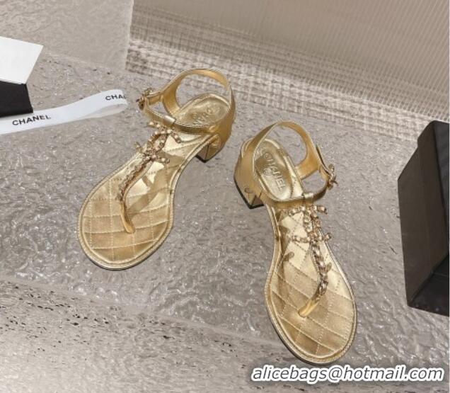 Good Quality Chanel Lambskin Heel Thong Sandals 5cm with Chain CC Gold 525041