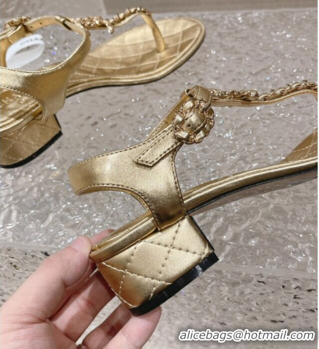 Good Quality Chanel Lambskin Heel Thong Sandals 5cm with Chain CC Gold 525041