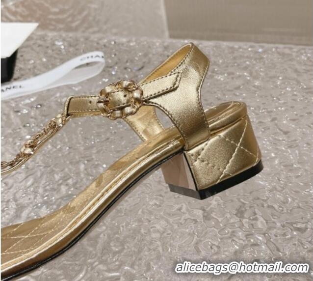 Good Quality Chanel Lambskin Heel Thong Sandals 5cm with Chain CC Gold 525041