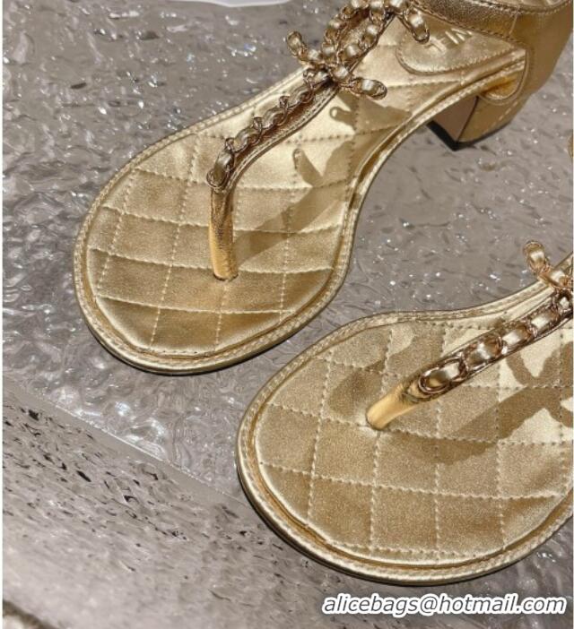 Good Quality Chanel Lambskin Heel Thong Sandals 5cm with Chain CC Gold 525041